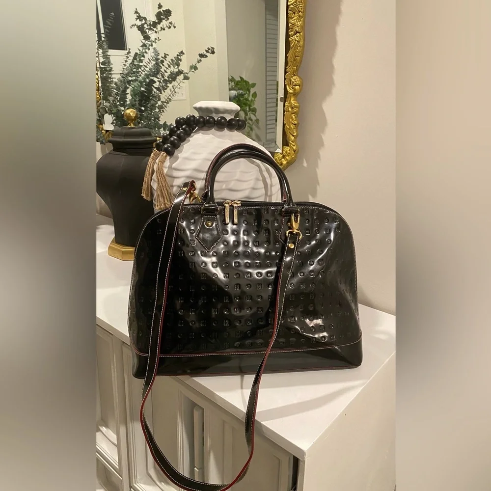 Arcadia Black Embossed Patent Leather LARGE Dome Satchel Bag made in Italy